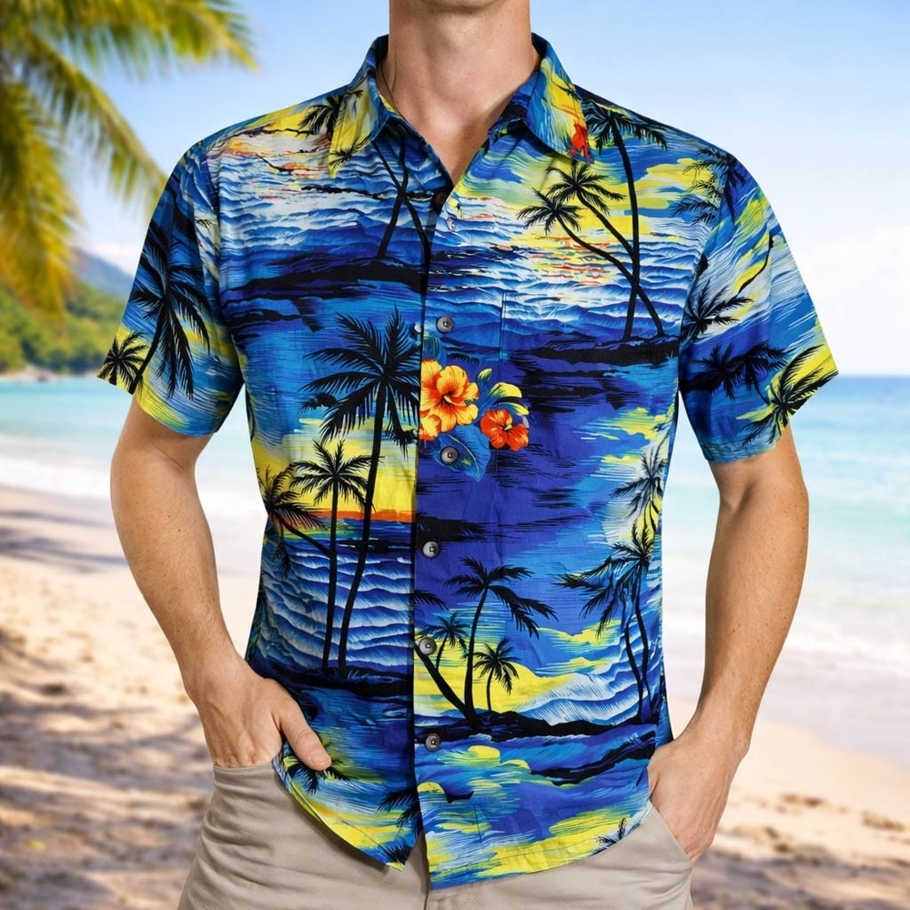 Palmwave Hawaiian Aloha Shirt Small Palm Trees Tropical Flowers Waves Sunset
